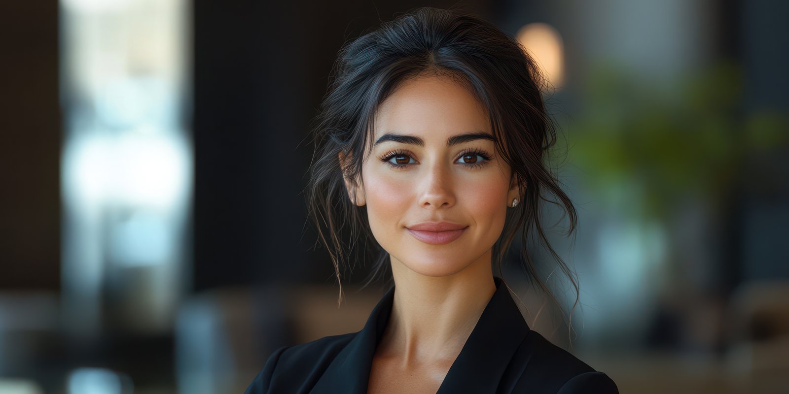 Professional woman poses confidently in an elegant setting while showcasing her style and poise